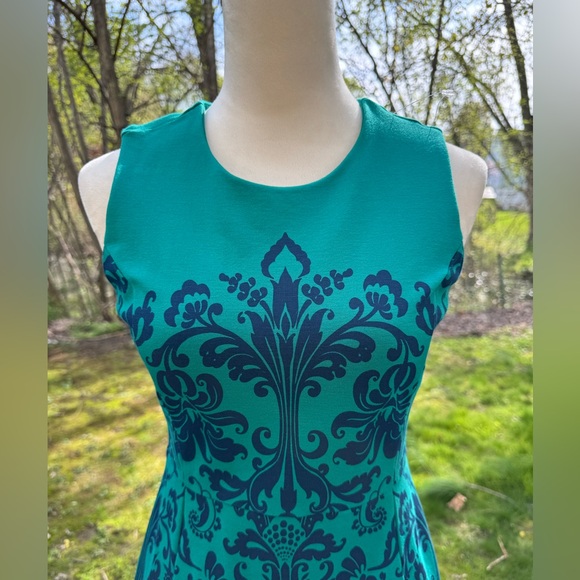 Lands End Size 6 Ponte Knit Sleeveless Sheath Dress Pockets Green Blue Paisley - Picture 3 of 13